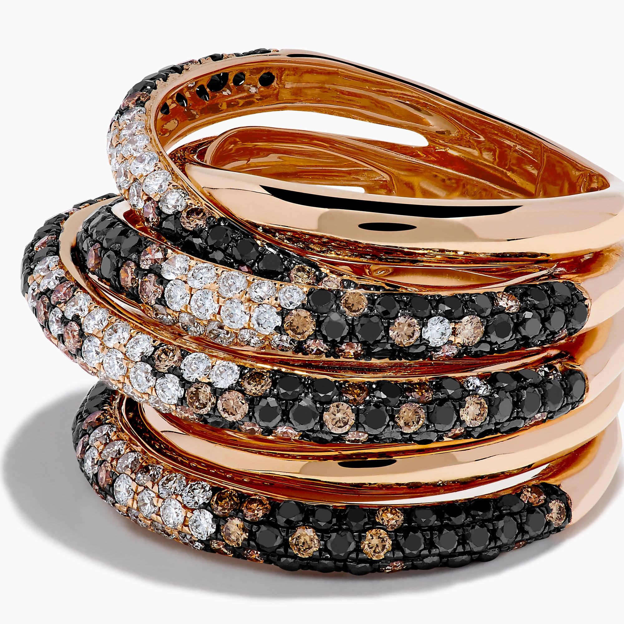The 14K Rose Gold Black, White and Espresso Criss Cross Ring features five overlapping bands with alternating rows of sparkling black, white, and espresso stones in a bold criss cross design.
