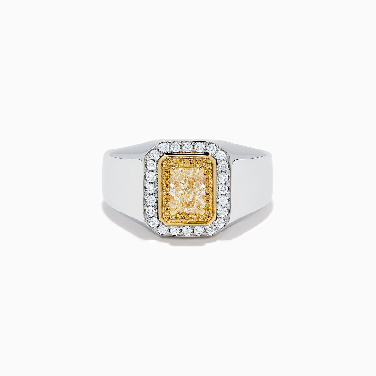 The Men's 18K Two Tone Yellow and White Diamond Ring features a rectangular yellow gemstone at its center, surrounded by double halos of white stones and yellow-gold details, shown on a white background.