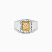 The Men's 18K Two Tone Yellow and White Diamond Ring features a rectangular yellow gemstone at its center, surrounded by double halos of white stones and yellow-gold details, shown on a white background.