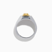 The Men's 18K Two Tone Yellow and White Diamond Ring features a rectangular yellow gemstone at its center, surrounded by double halos of white stones and yellow-gold details, shown on a white background.
