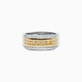 The Men's 14K Two Tone Channel Set Yellow and White Diamond Ring features a wide band with yellow rectangular gemstones in gold, bordered by channel set round white diamonds in white gold or silver.