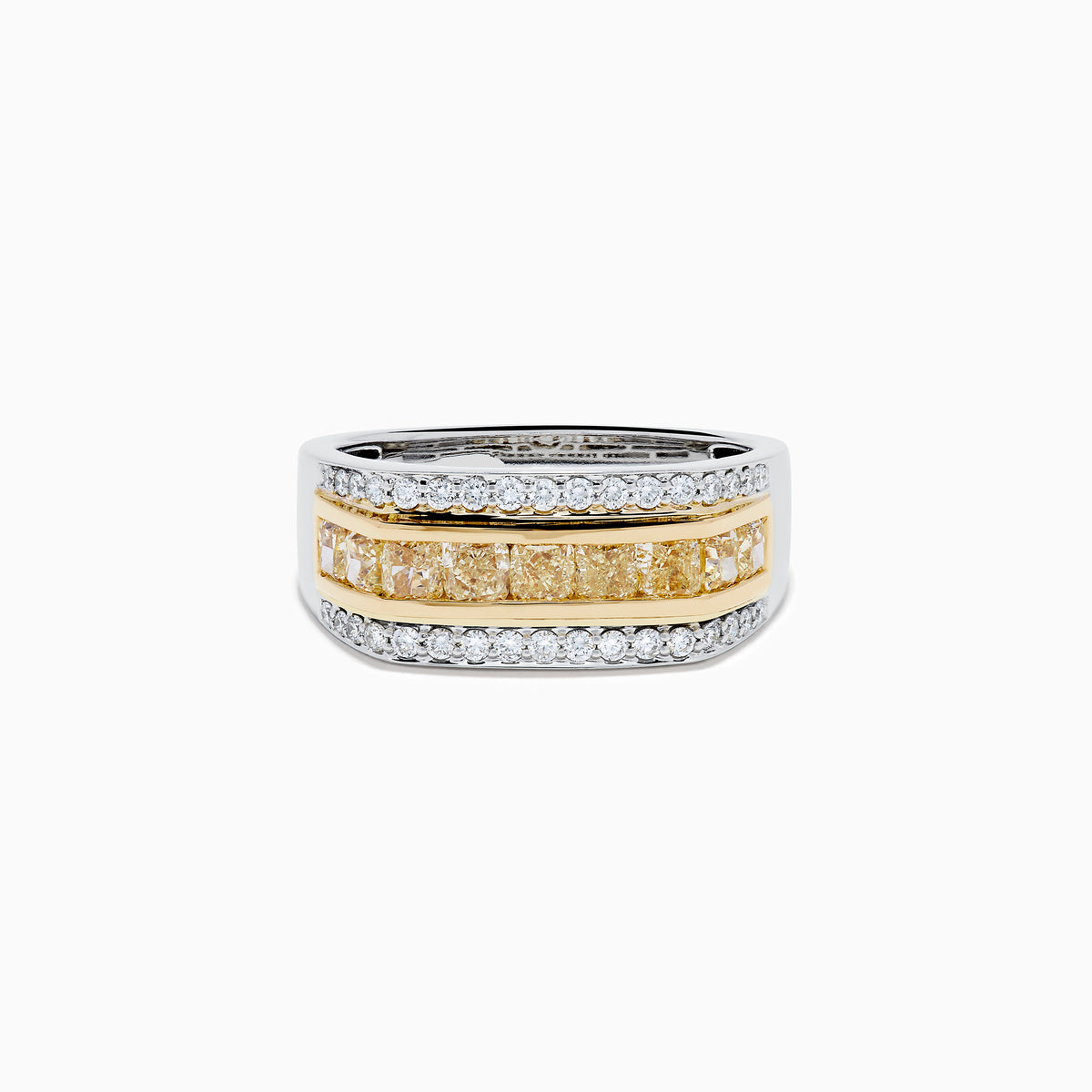 The Men's 14K Two Tone Channel Set Yellow and White Diamond Ring features a wide band with yellow rectangular gemstones in gold, bordered by channel set round white diamonds in white gold or silver.