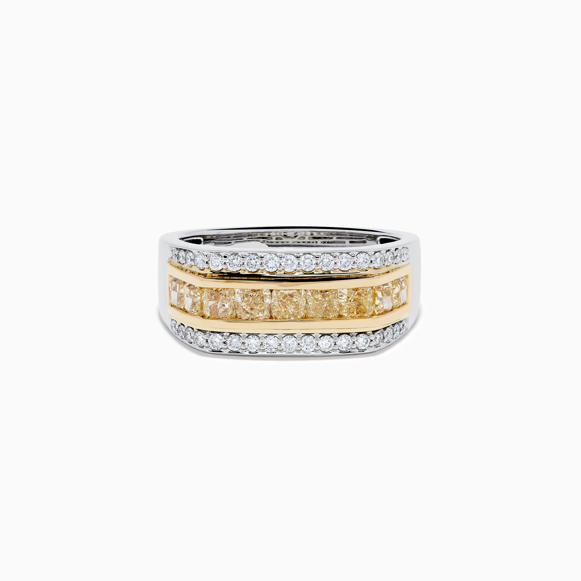 The Men's 14K Two Tone Channel Set Yellow and White Diamond Ring features a wide band with yellow rectangular gemstones in gold, bordered by channel set round white diamonds in white gold or silver.