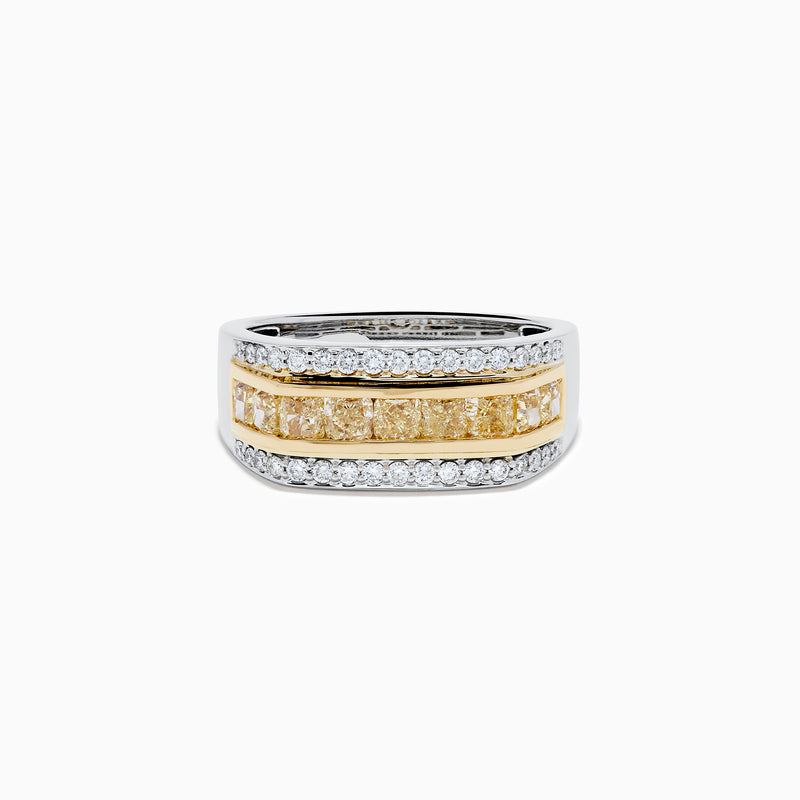 The Men's 14K Two Tone Channel Set Yellow and White Diamond Ring features a wide band with yellow rectangular gemstones in gold, bordered by channel set round white diamonds in white gold or silver.
