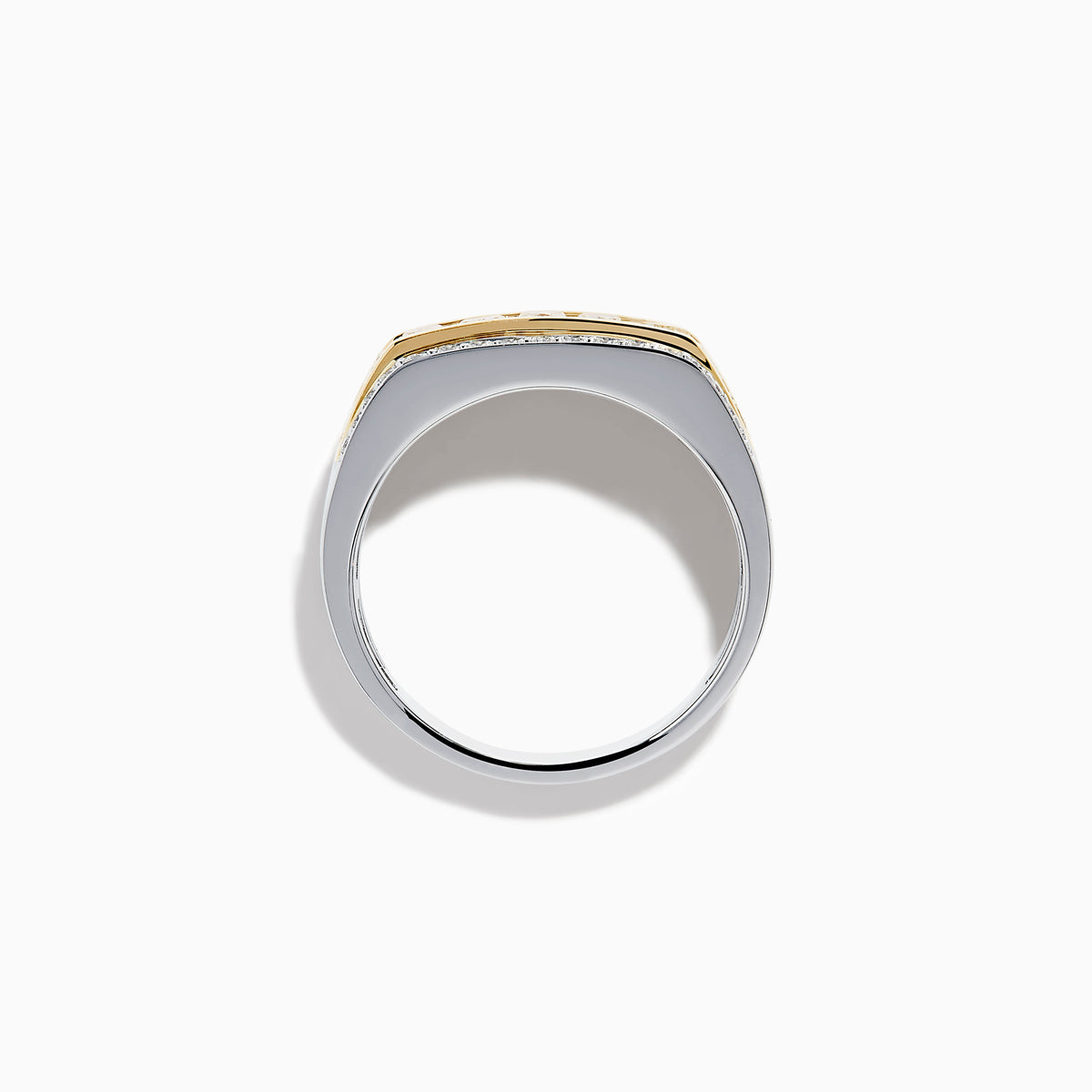 The Men's 14K Two Tone Channel Set Yellow and White Diamond Ring features a wide band with yellow rectangular gemstones in gold, bordered by channel set round white diamonds in white gold or silver.
