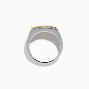 The Men's 14K Two Tone Channel Set Yellow and White Diamond Ring features a wide band with yellow rectangular gemstones in gold, bordered by channel set round white diamonds in white gold or silver.