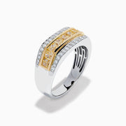 The Men's 14K Two Tone Channel Set Yellow and White Diamond Ring features a wide band with yellow rectangular gemstones in gold, bordered by channel set round white diamonds in white gold or silver.