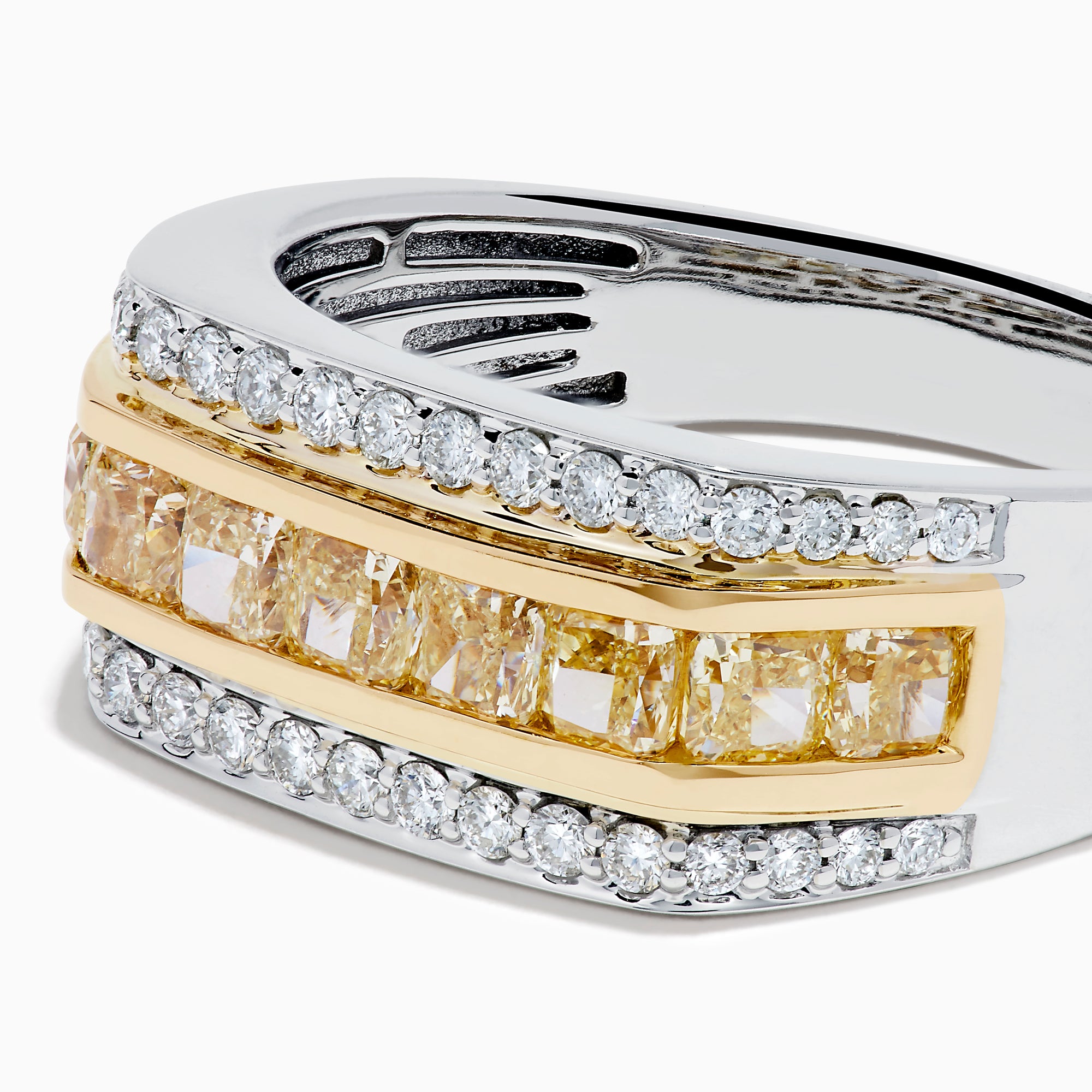 The Men's 14K Two Tone Channel Set Yellow and White Diamond Ring features a wide band with yellow rectangular gemstones in gold, bordered by channel set round white diamonds in white gold or silver.