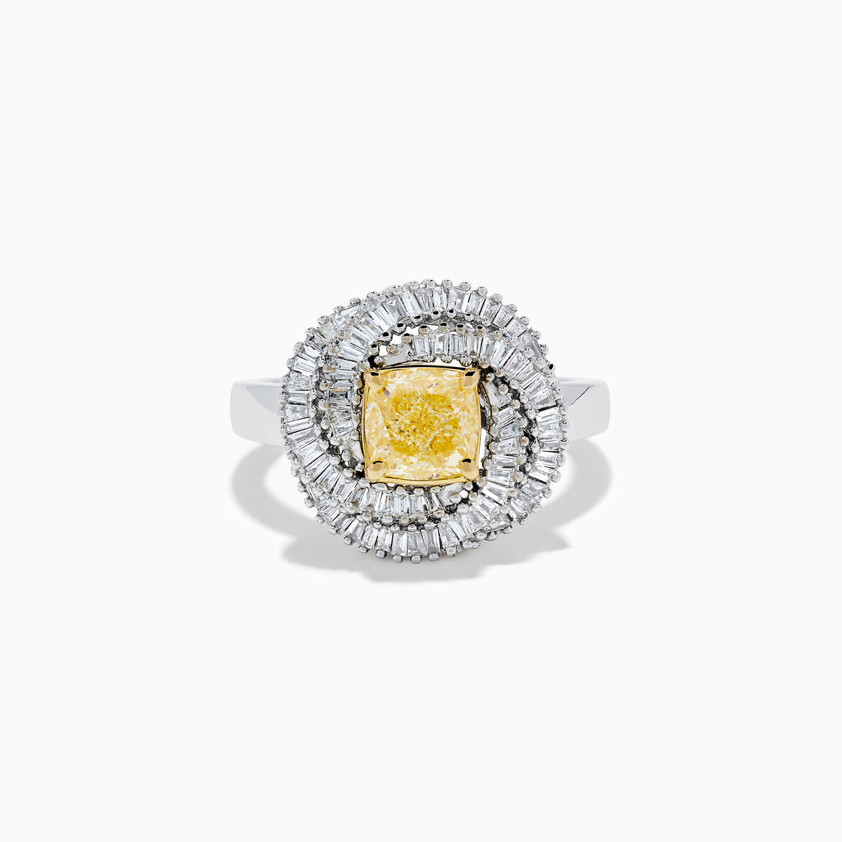 The 14K Two Tone Yellow Gold Yellow and White Diamond Halo Spiral Ring features a central square yellow gemstone, surrounded by a diamond halo with two rows of white diamonds in a sparkling circular spiral design.