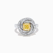 The 14K Two Tone Yellow Gold Yellow and White Diamond Halo Spiral Ring features a central square yellow gemstone, surrounded by a diamond halo with two rows of white diamonds in a sparkling circular spiral design.