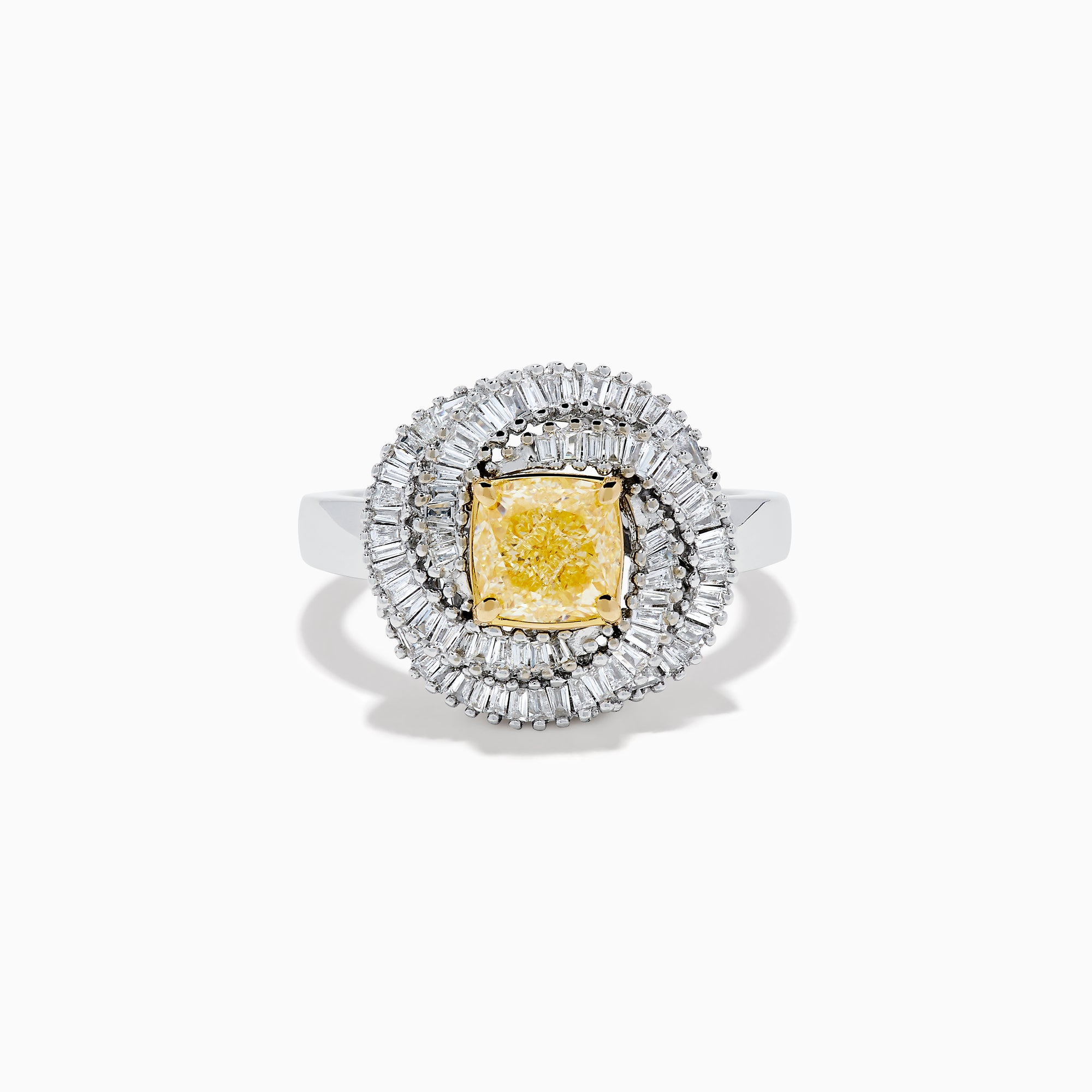 The 14K Two Tone Yellow Gold Yellow and White Diamond Halo Spiral Ring features a central square yellow gemstone, surrounded by a diamond halo with two rows of white diamonds in a sparkling circular spiral design.