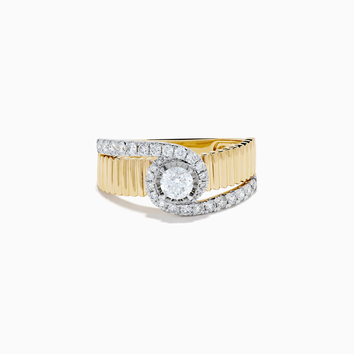 The 14K Two-Tone Diamond Fluted Bypass Ring features a ribbed band with a central round diamond, partly wrapped by a curved row of smaller diamonds.