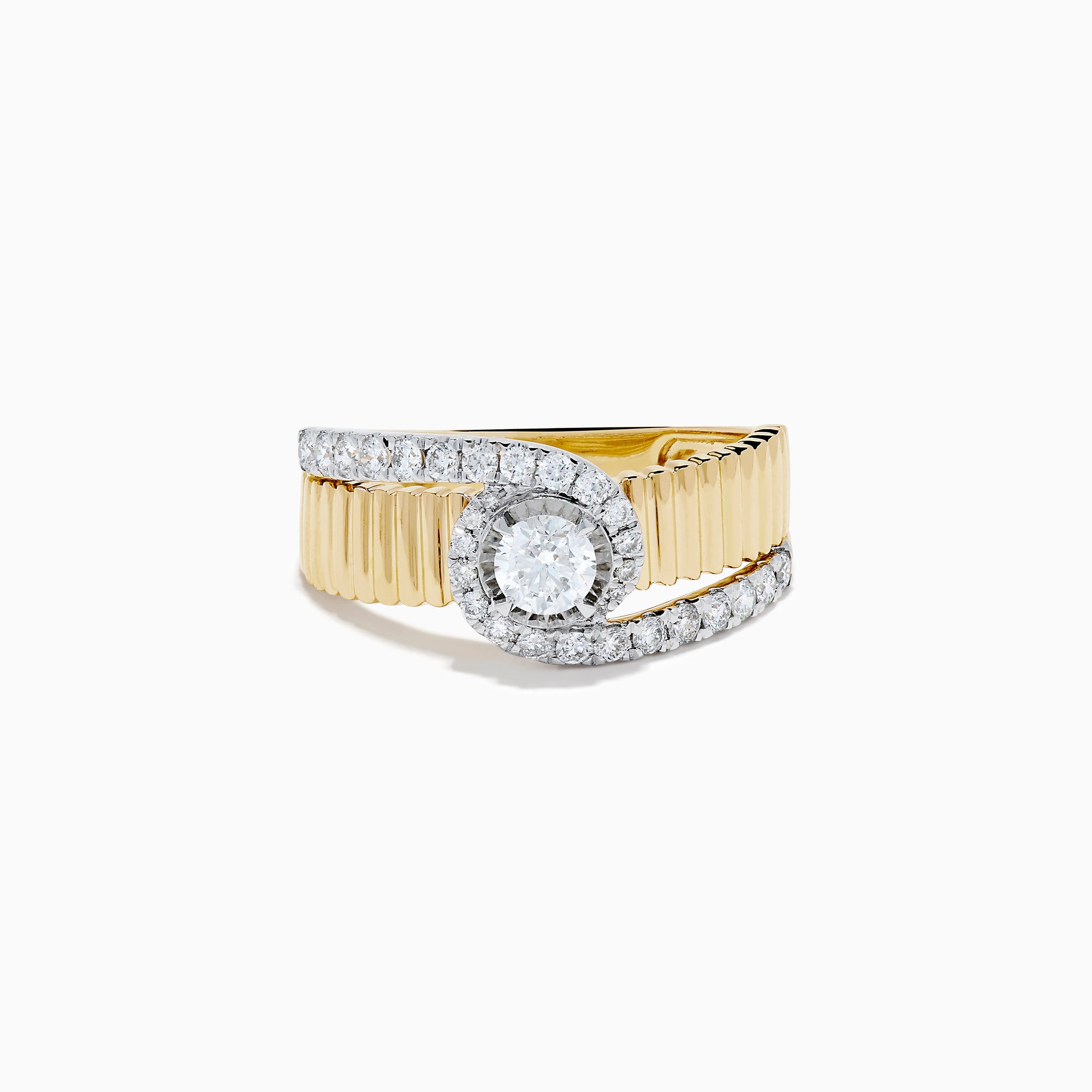 The 14K Two-Tone Diamond Fluted Bypass Ring features a ribbed band with a central round diamond, partly wrapped by a curved row of smaller diamonds.
