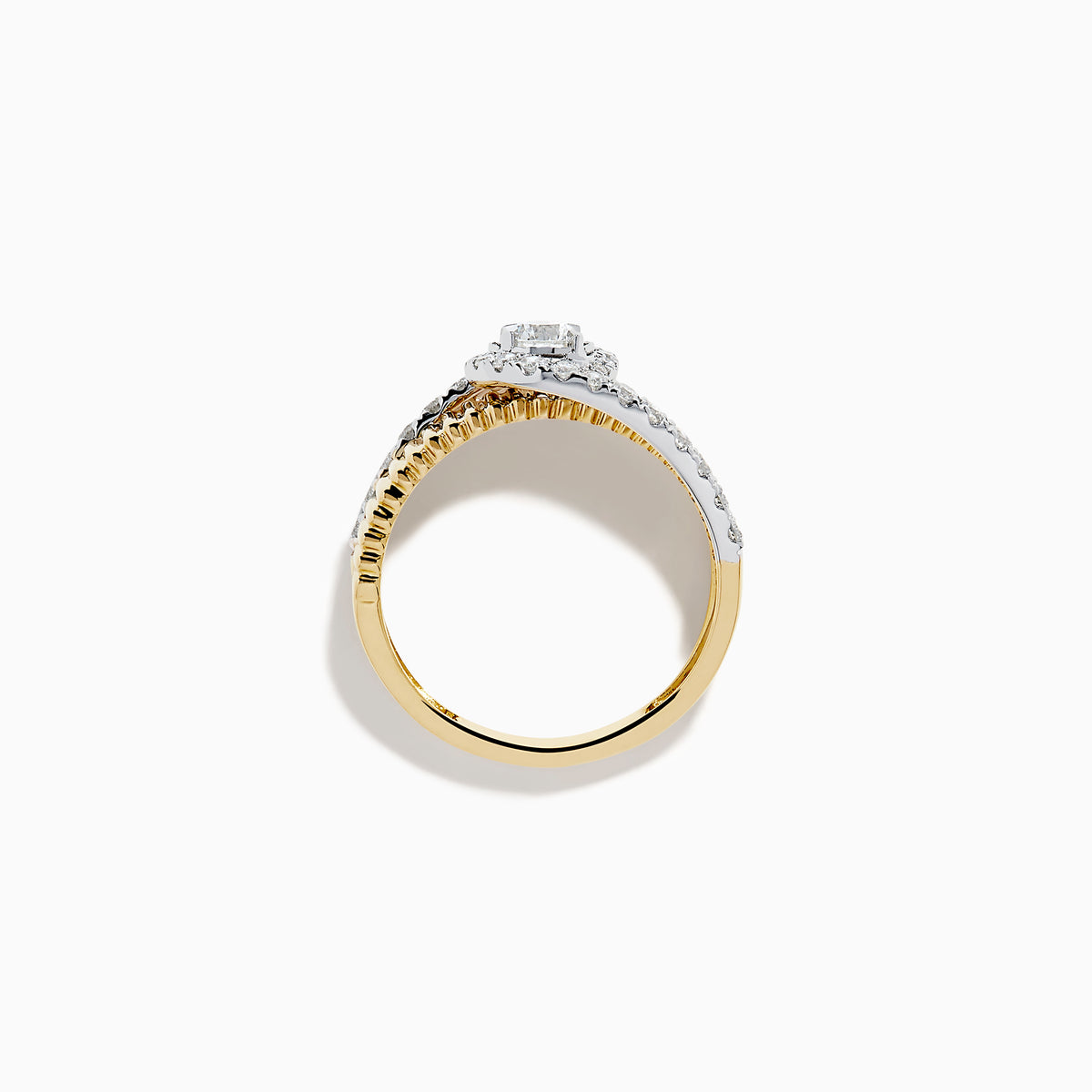 The 14K Two-Tone Diamond Fluted Bypass Ring features a ribbed band with a central round diamond, partly wrapped by a curved row of smaller diamonds.
