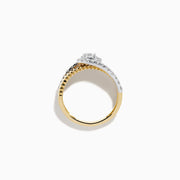 The 14K Two-Tone Diamond Fluted Bypass Ring features a ribbed band with a central round diamond, partly wrapped by a curved row of smaller diamonds.