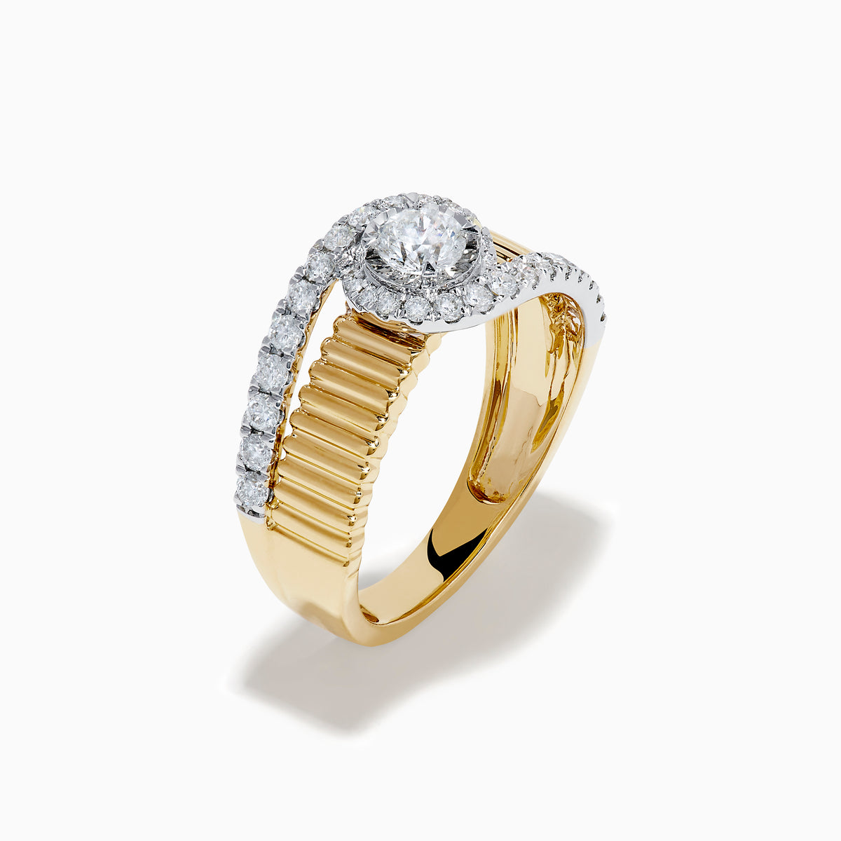 The 14K Two-Tone Diamond Fluted Bypass Ring features a ribbed band with a central round diamond, partly wrapped by a curved row of smaller diamonds.