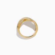 The 14K Yellow Gold Textured Crisscross Diamond Ring features two intertwined, textured gold bands with rows of sparkling diamonds, all set against a white background.