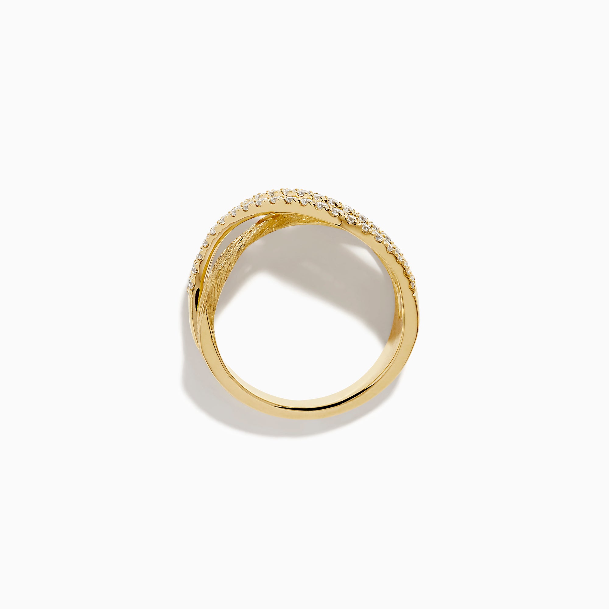 The 14K Yellow Gold Textured Crisscross Diamond Ring features two intertwined, textured gold bands with rows of sparkling diamonds, all set against a white background.