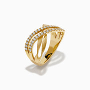 The 14K Yellow Gold Textured Crisscross Diamond Ring features two intertwined, textured gold bands with rows of sparkling diamonds, all set against a white background.