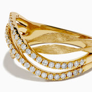 The 14K Yellow Gold Textured Crisscross Diamond Ring features two intertwined, textured gold bands with rows of sparkling diamonds, all set against a white background.