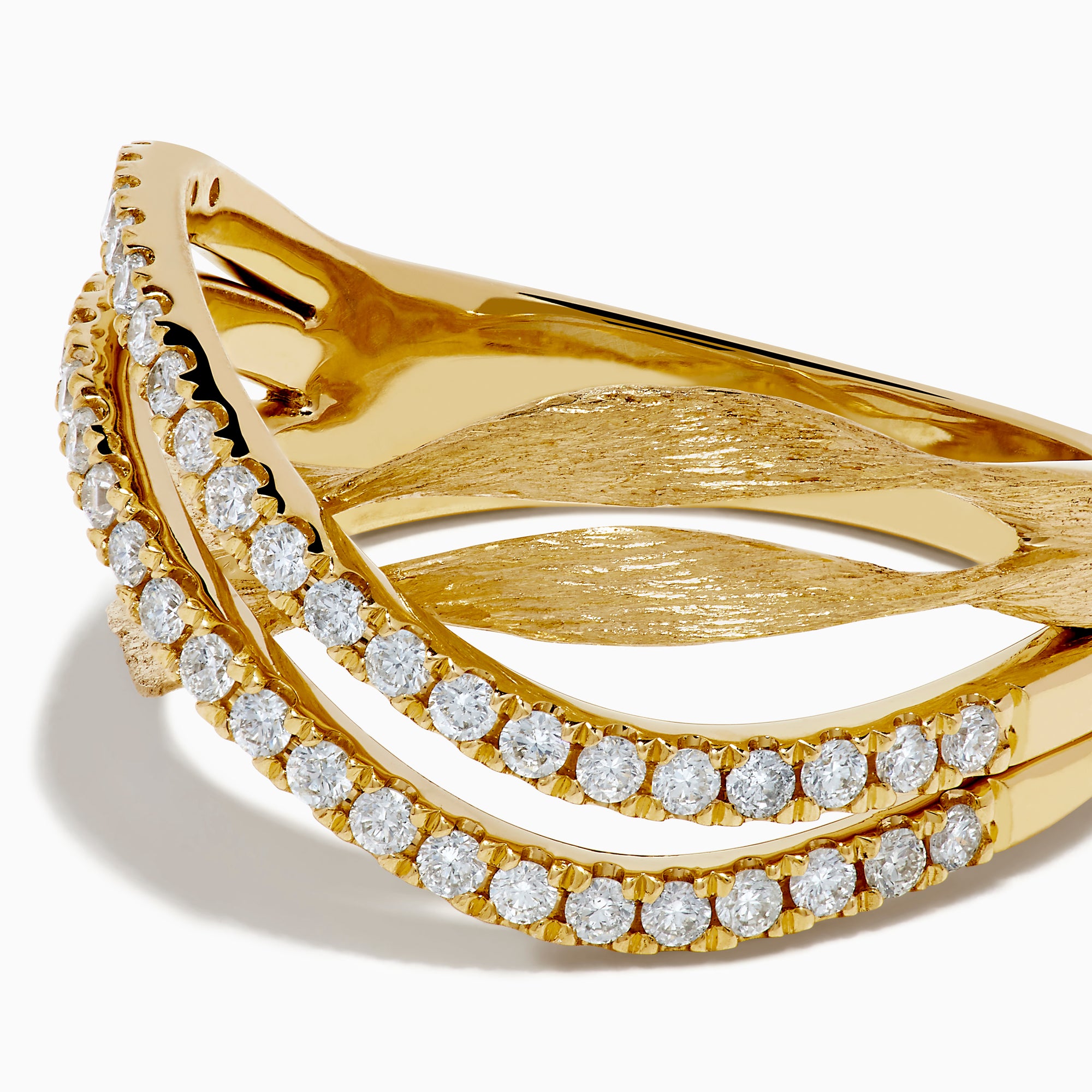 The 14K Yellow Gold Textured Crisscross Diamond Ring features two intertwined, textured gold bands with rows of sparkling diamonds, all set against a white background.