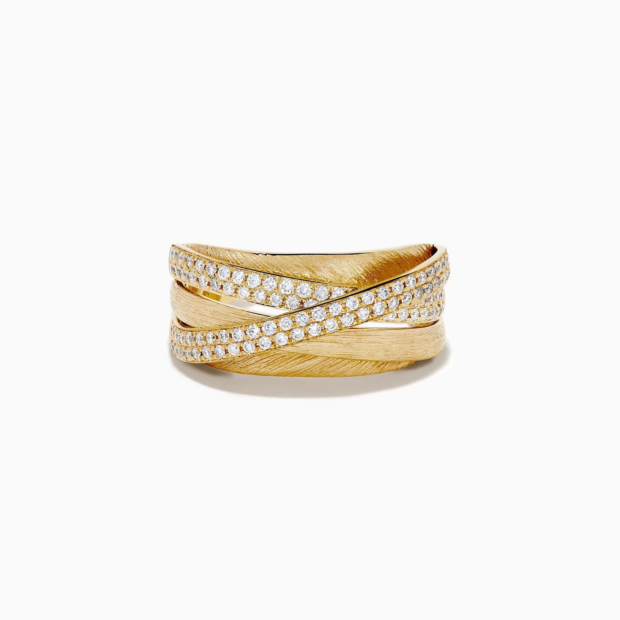 The 14K Yellow Gold Textured Diamond Crossover Ring features overlapping bands—two set with sparkling diamonds and others with brushed texture—for a bold contrast of shine and matte elegance.