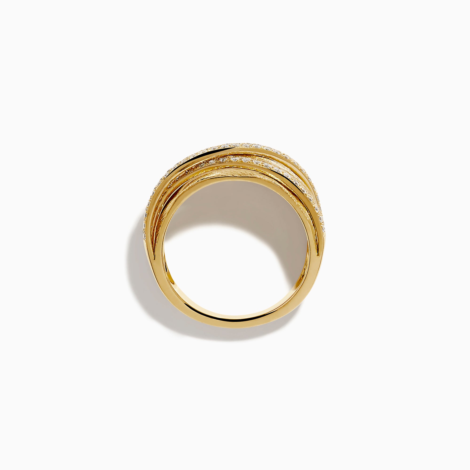 The 14K Yellow Gold Textured Diamond Crossover Ring features overlapping bands—two set with sparkling diamonds and others with brushed texture—for a bold contrast of shine and matte elegance.