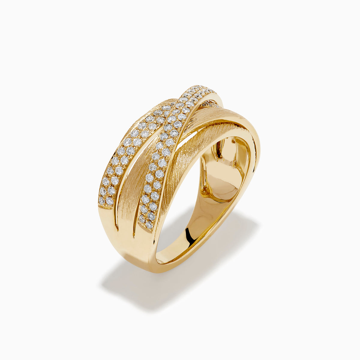 The 14K Yellow Gold Textured Diamond Crossover Ring features overlapping bands—two set with sparkling diamonds and others with brushed texture—for a bold contrast of shine and matte elegance.