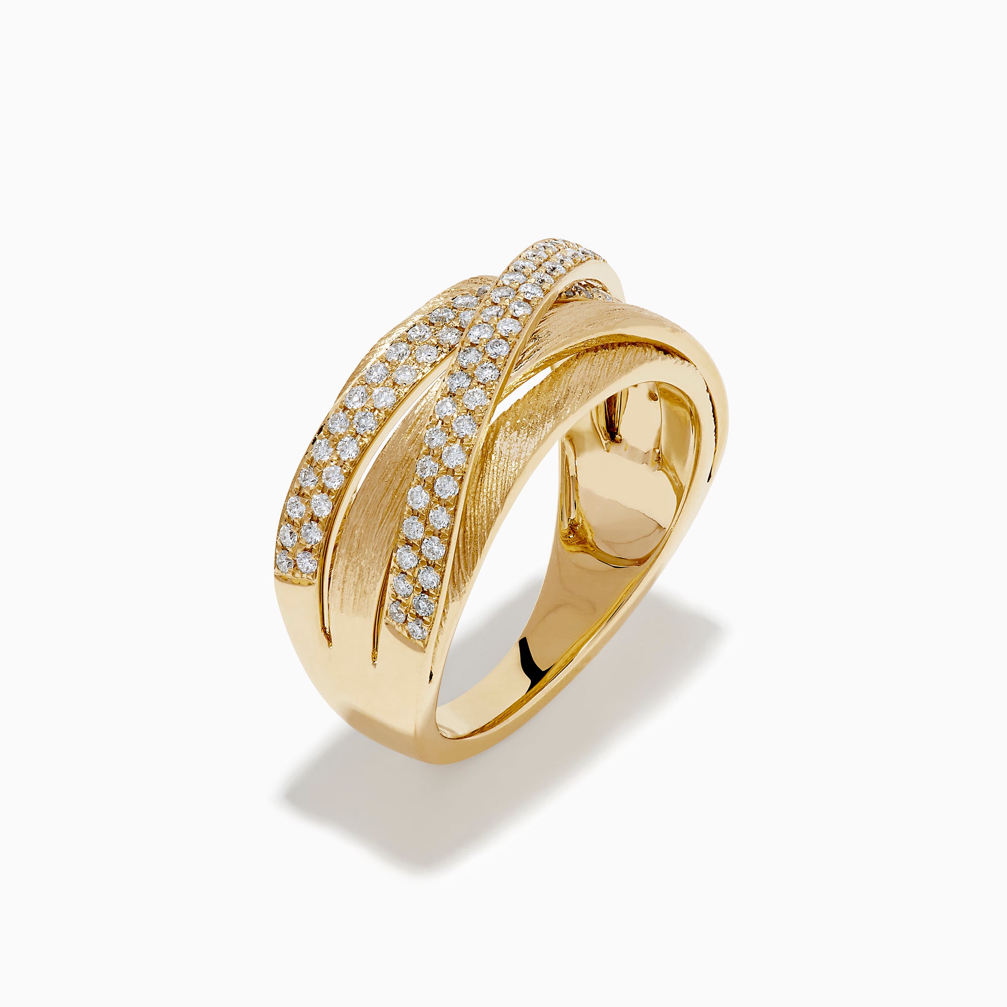 The 14K Yellow Gold Textured Diamond Crossover Ring features overlapping bands—two set with sparkling diamonds and others with brushed texture—for a bold contrast of shine and matte elegance.
