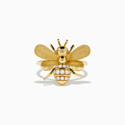 The 14K Yellow Gold Diamond Honeybee Ring features a bee design with textured wings and a striped body accented by sparkling diamonds.