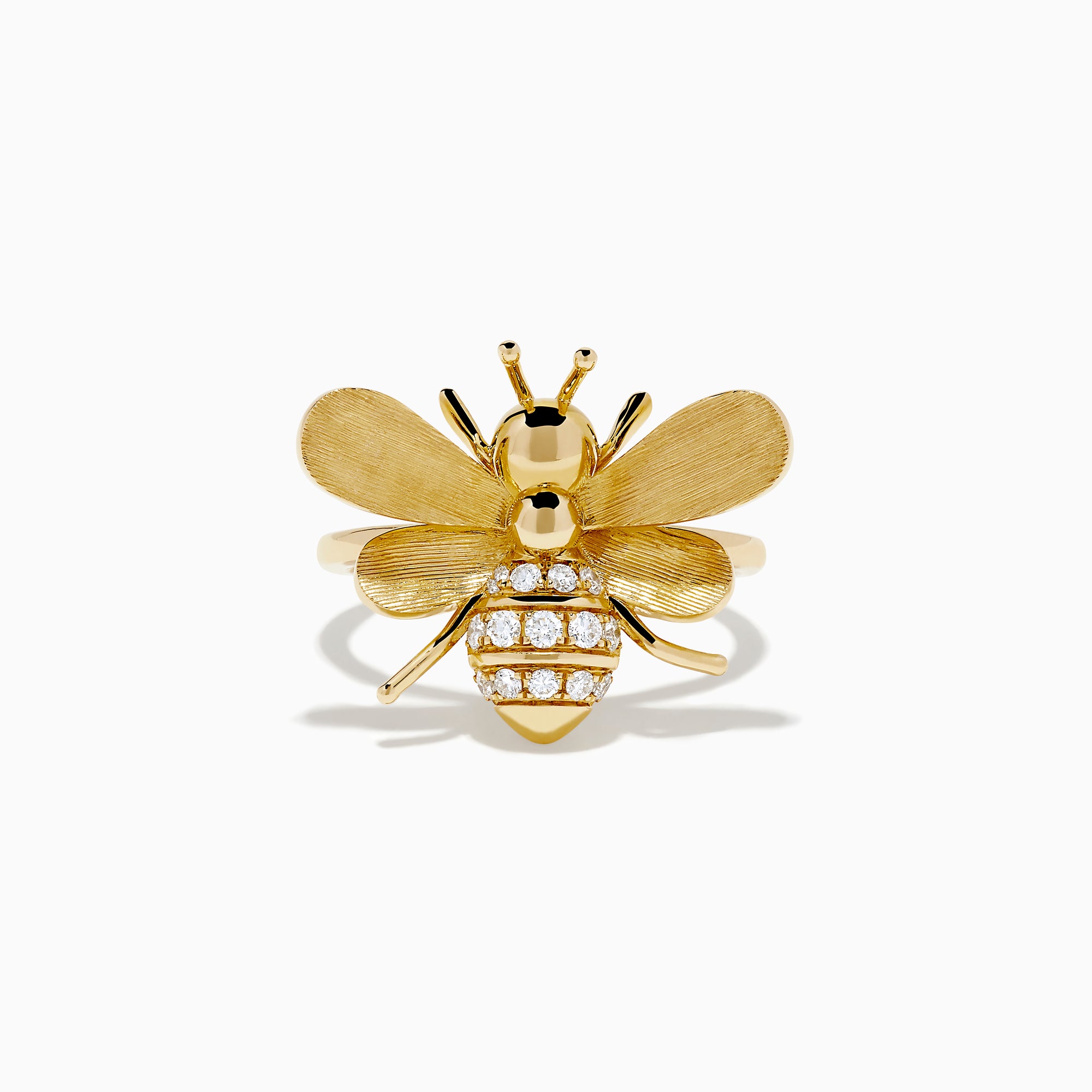 The 14K Yellow Gold Diamond Honeybee Ring features a bee design with textured wings and a striped body accented by sparkling diamonds.