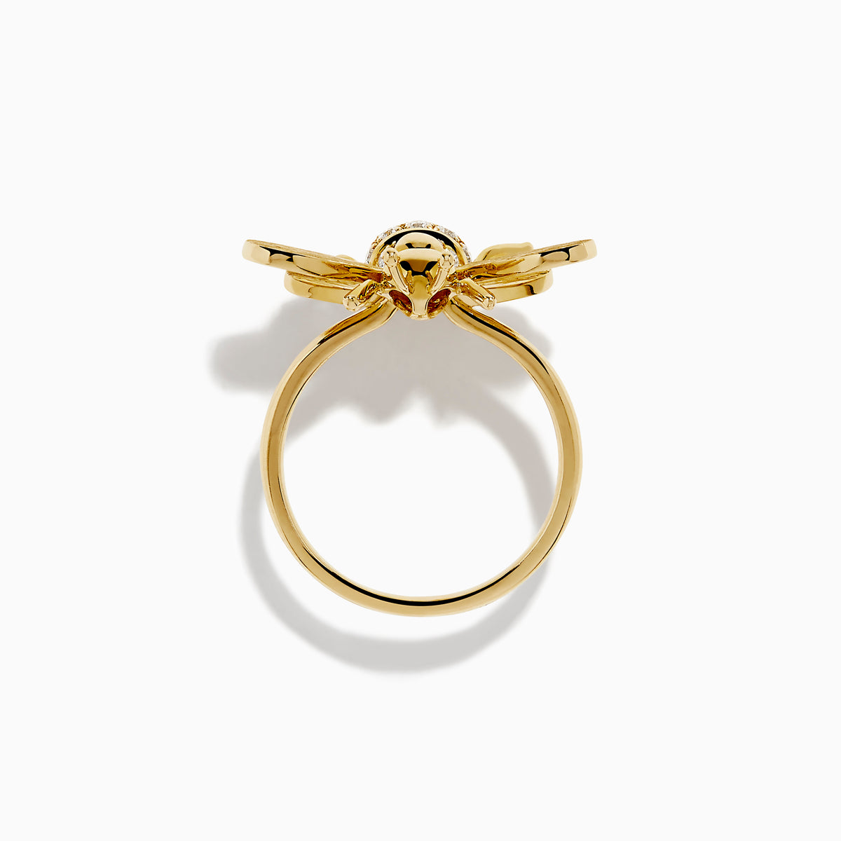 The 14K Yellow Gold Diamond Honeybee Ring features a bee design with textured wings and a striped body accented by sparkling diamonds.
