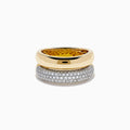 The 14K Yellow Gold Pave Diamond and Gold Double Band Ring features sparkling diamonds set in a yellow gold band stacked atop a double pave band, beautifully displayed on a white background.