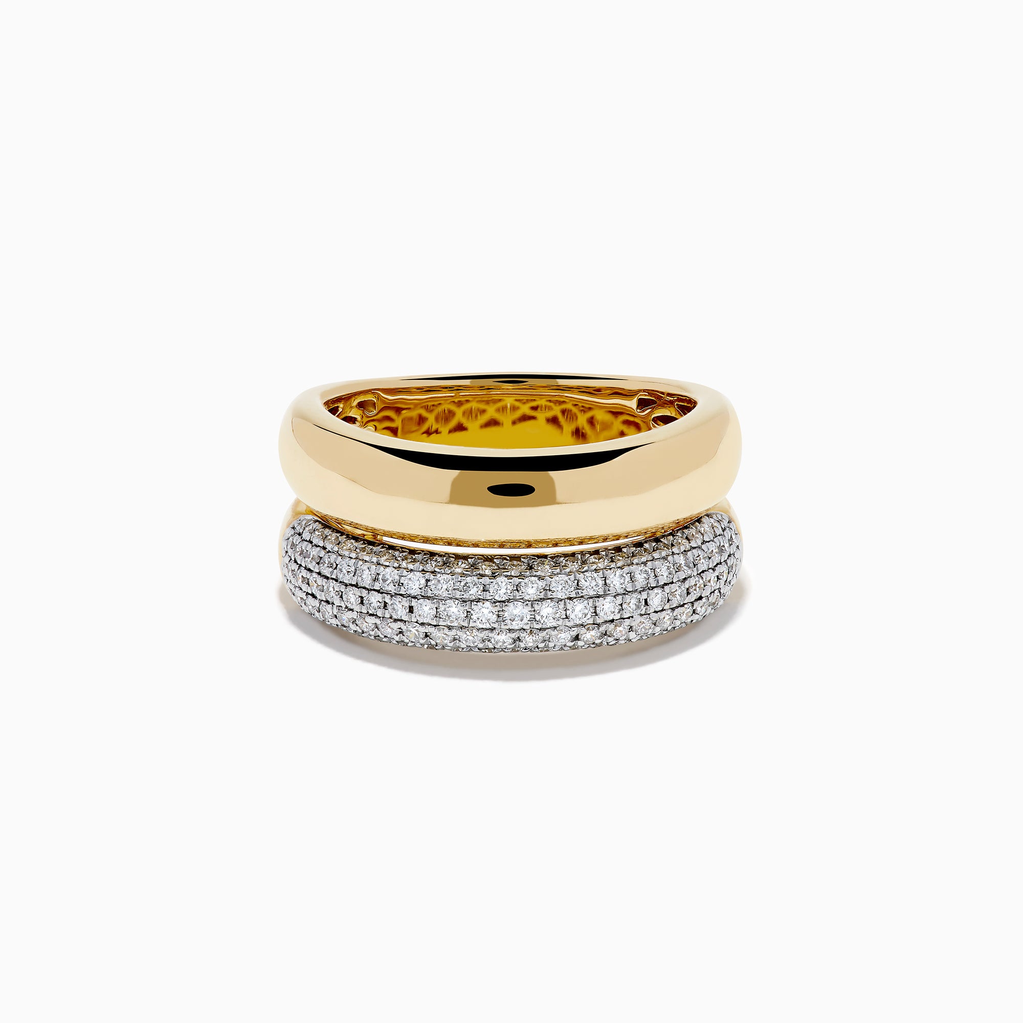 The 14K Yellow Gold Pave Diamond and Gold Double Band Ring features sparkling diamonds set in a yellow gold band stacked atop a double pave band, beautifully displayed on a white background.