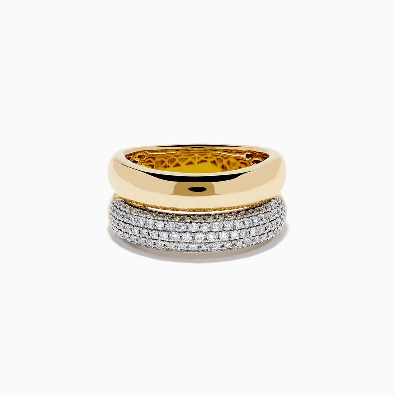 The 14K Yellow Gold Pave Diamond and Gold Double Band Ring features sparkling diamonds set in a yellow gold band stacked atop a double pave band, beautifully displayed on a white background.