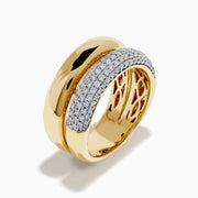 The 14K Yellow Gold Pave Diamond and Gold Double Band Ring features sparkling diamonds set in a yellow gold band stacked atop a double pave band, beautifully displayed on a white background.