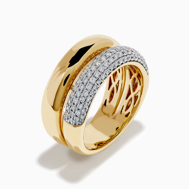 The 14K Yellow Gold Pave Diamond and Gold Double Band Ring features sparkling diamonds set in a yellow gold band stacked atop a double pave band, beautifully displayed on a white background.