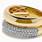 The 14K Yellow Gold Pave Diamond and Gold Double Band Ring features sparkling diamonds set in a yellow gold band stacked atop a double pave band, beautifully displayed on a white background.