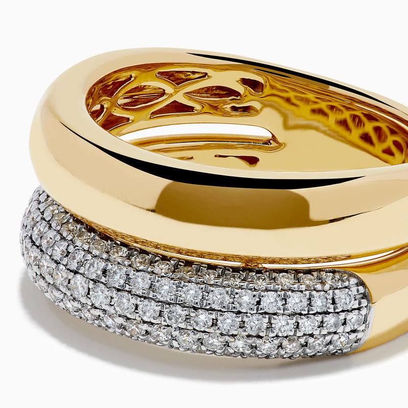 The 14K Yellow Gold Pave Diamond and Gold Double Band Ring features sparkling diamonds set in a yellow gold band stacked atop a double pave band, beautifully displayed on a white background.