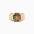 The Men's 14K Yellow Gold Brown Diamond Octagon Signet Ring features a geometric octagonal face with brown diamonds set in a black background and a ridged band design.