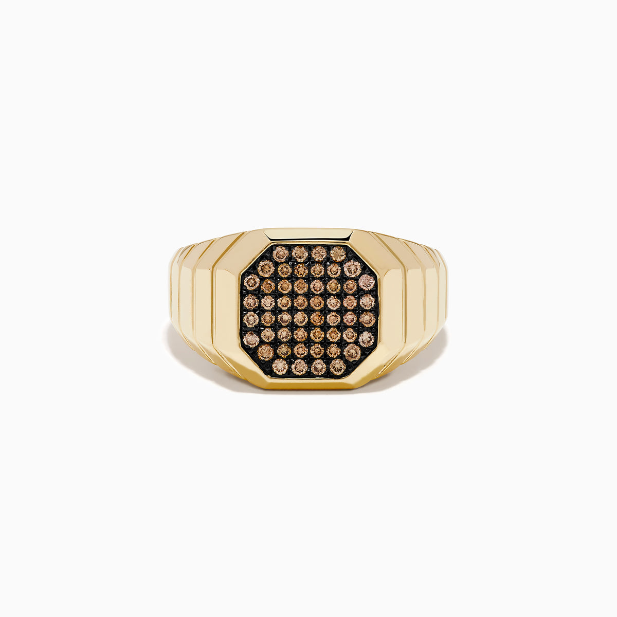 The Men's 14K Yellow Gold Brown Diamond Octagon Signet Ring features a geometric octagonal face with brown diamonds set in a black background and a ridged band design.
