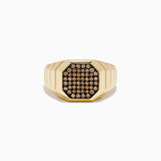 The Men's 14K Yellow Gold Brown Diamond Octagon Signet Ring features a geometric octagonal face with brown diamonds set in a black background and a ridged band design.