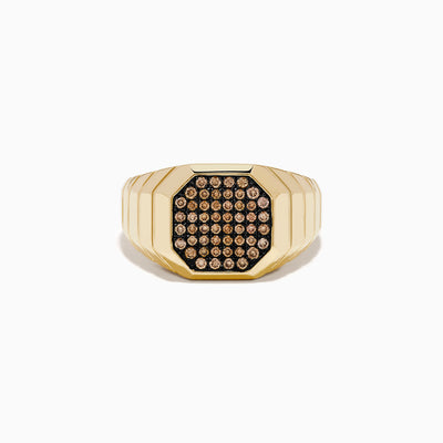 The Men's 14K Yellow Gold Brown Diamond Octagon Signet Ring features a geometric octagonal face with brown diamonds set in a black background and a ridged band design.