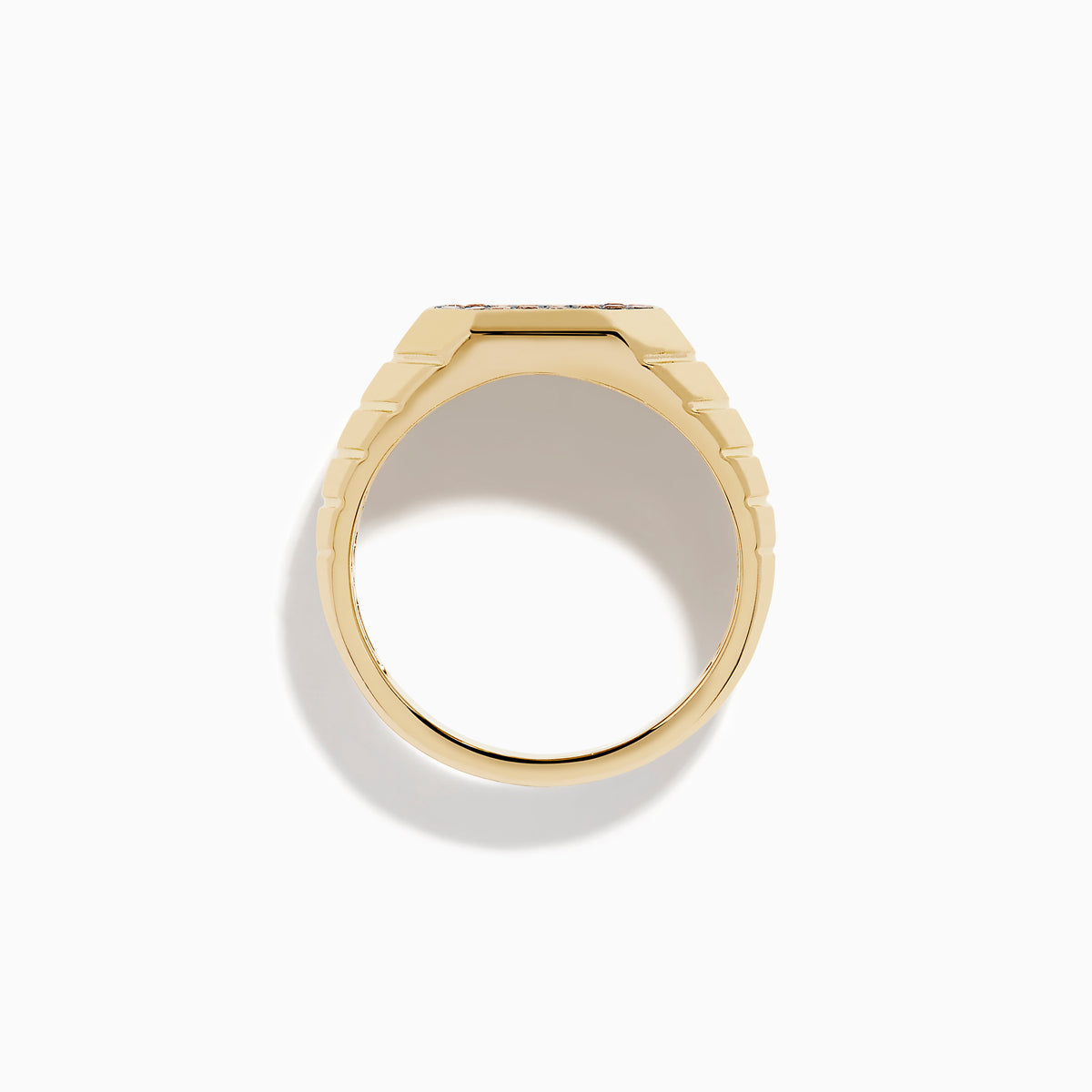 The Men's 14K Yellow Gold Brown Diamond Octagon Signet Ring features a geometric octagonal face with brown diamonds set in a black background and a ridged band design.