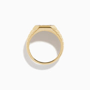 The Men's 14K Yellow Gold Brown Diamond Octagon Signet Ring features a geometric octagonal face with brown diamonds set in a black background and a ridged band design.