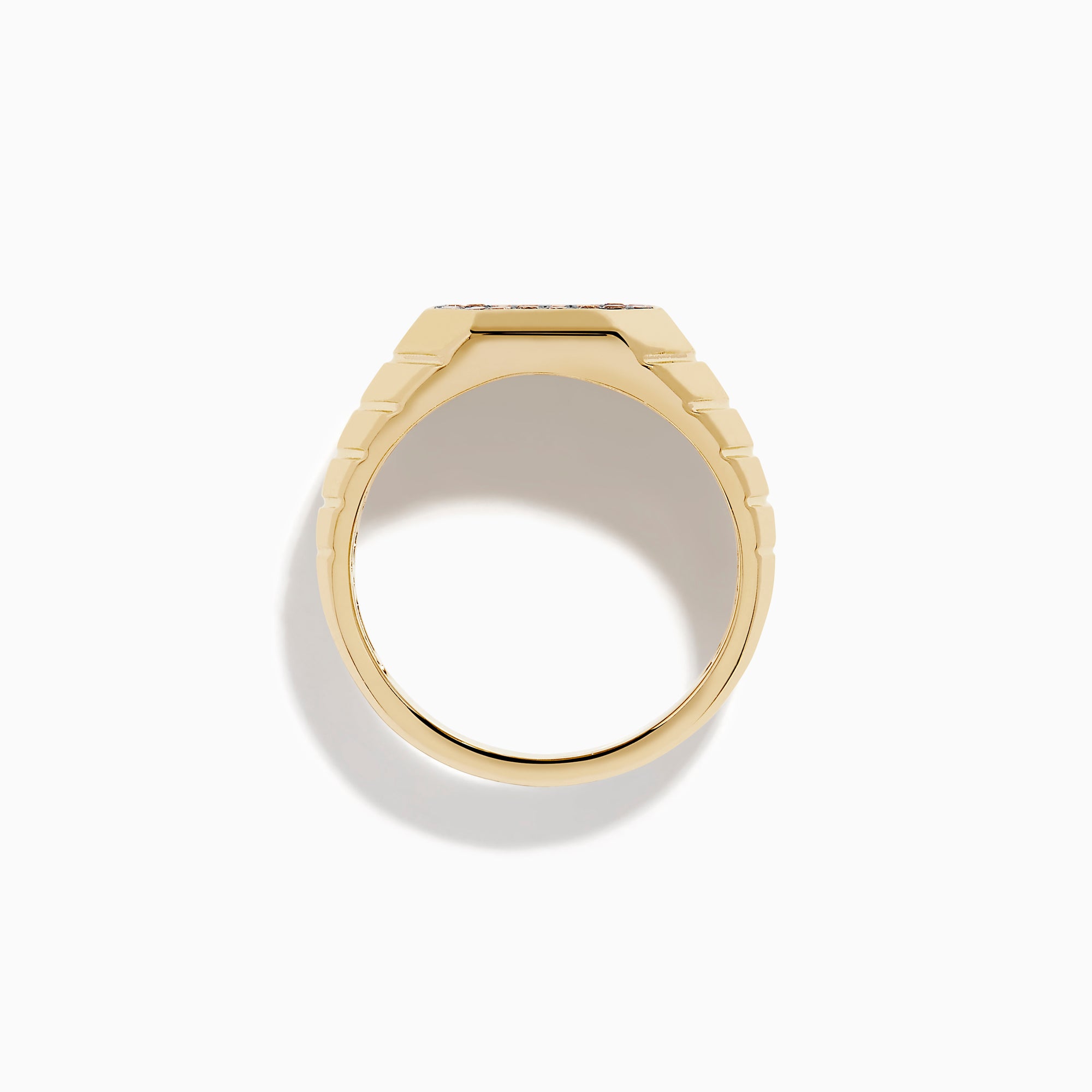 The Men's 14K Yellow Gold Brown Diamond Octagon Signet Ring features a geometric octagonal face with brown diamonds set in a black background and a ridged band design.