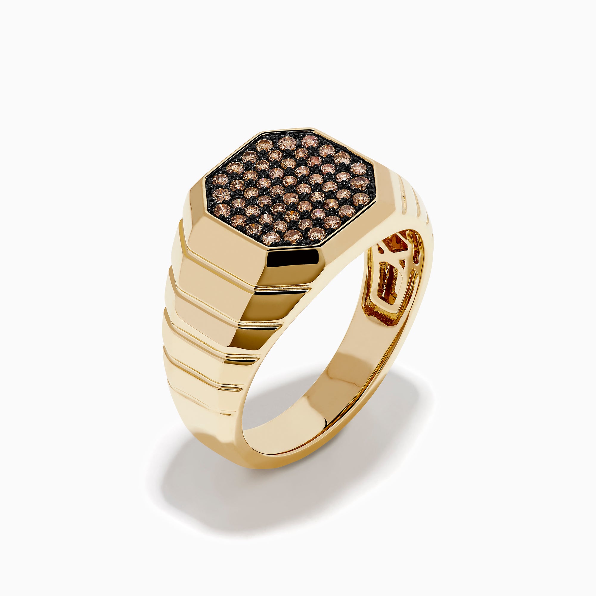 The Men's 14K Yellow Gold Brown Diamond Octagon Signet Ring features a geometric octagonal face with brown diamonds set in a black background and a ridged band design.
