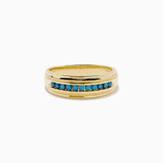 The Mens Bella Bleu 14K Yellow Gold Blue Diamond Ring features a row of small, round blue diamonds set in the center and is displayed on a white background.