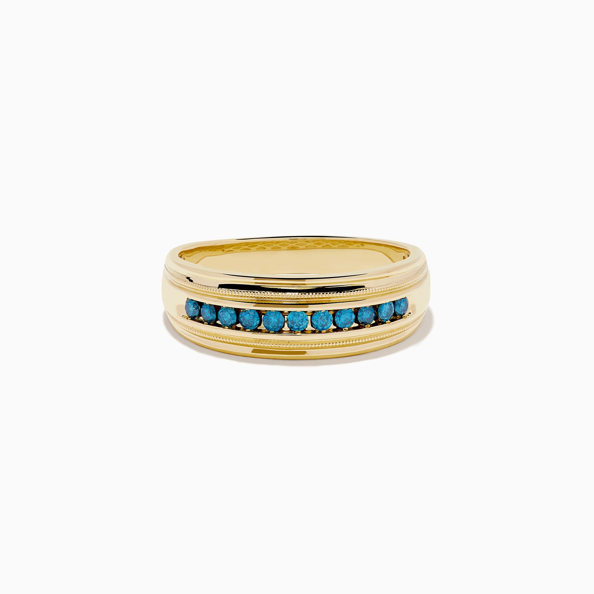 The Mens Bella Bleu 14K Yellow Gold Blue Diamond Ring features a row of small, round blue diamonds set in the center and is displayed on a white background.