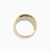 The Mens Bella Bleu 14K Yellow Gold Blue Diamond Ring features a row of small, round blue diamonds set in the center and is displayed on a white background.